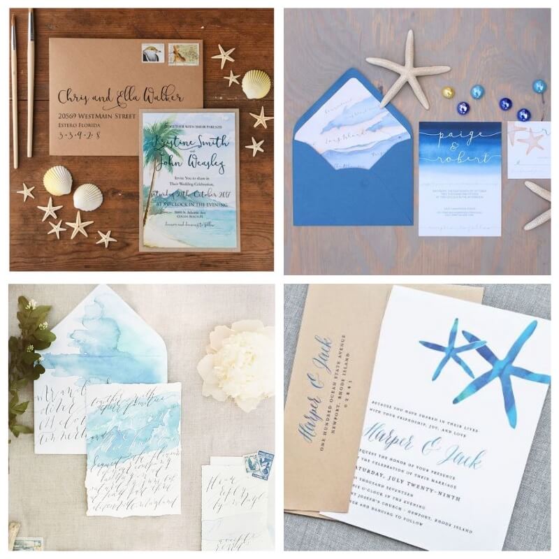 invitaciones de acuarela para bodas de inspiración marinera 
