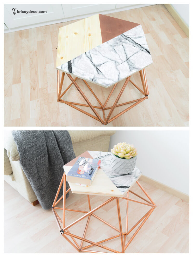 muebles DIY para terraza: mesa con tubos de cobre