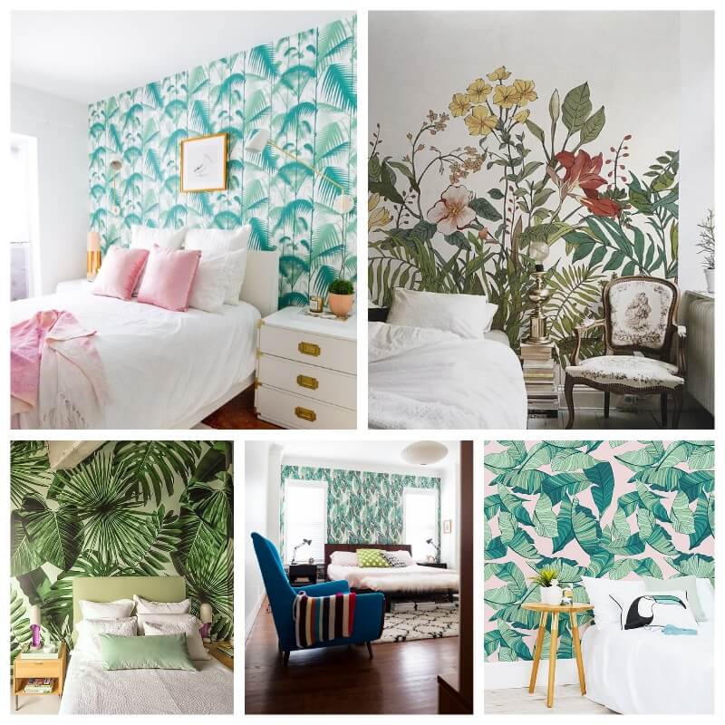 decorar el dormitorio con papel pintado tropical