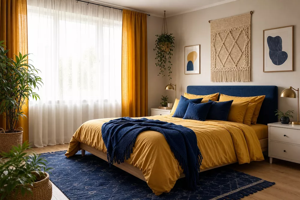combinación de colores azul y amarillo en decoración