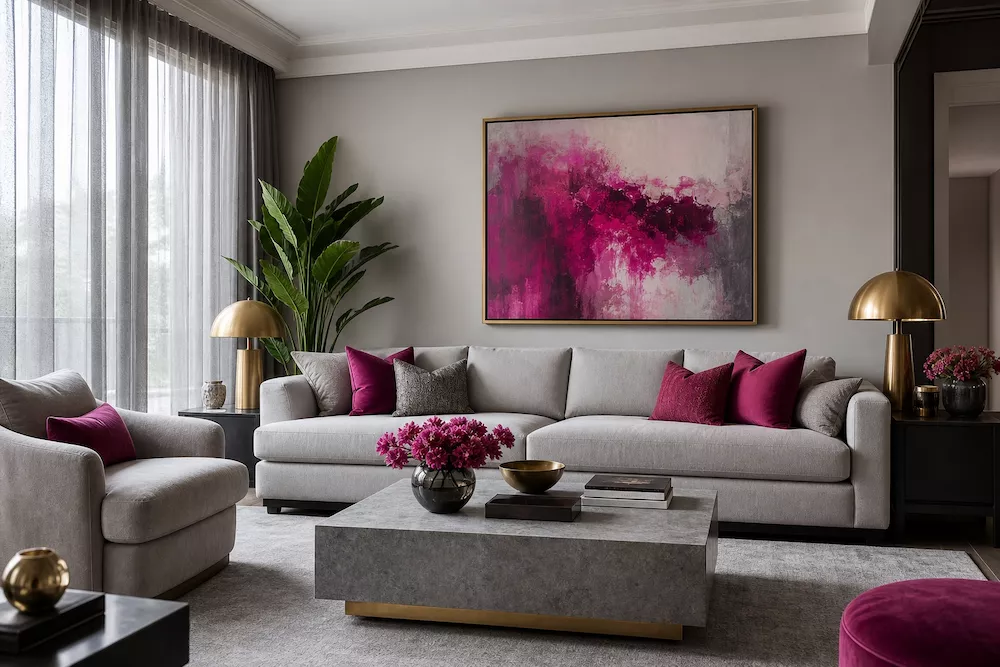 combinación de colores magenta y gris en decoración