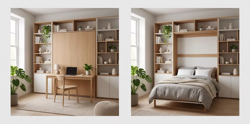 cama plegable oculta en una librería