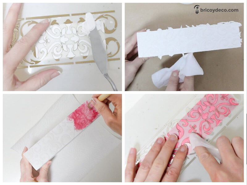 reciclar una caja de madera con plantillas de stencil y pasta relieve