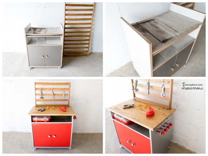 banco de trabajo de juguete reciclando un mueble microondas