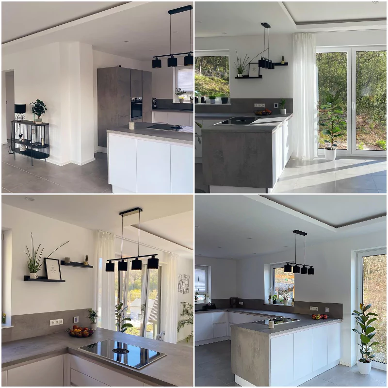 cocina blanca combinada con piedra gris