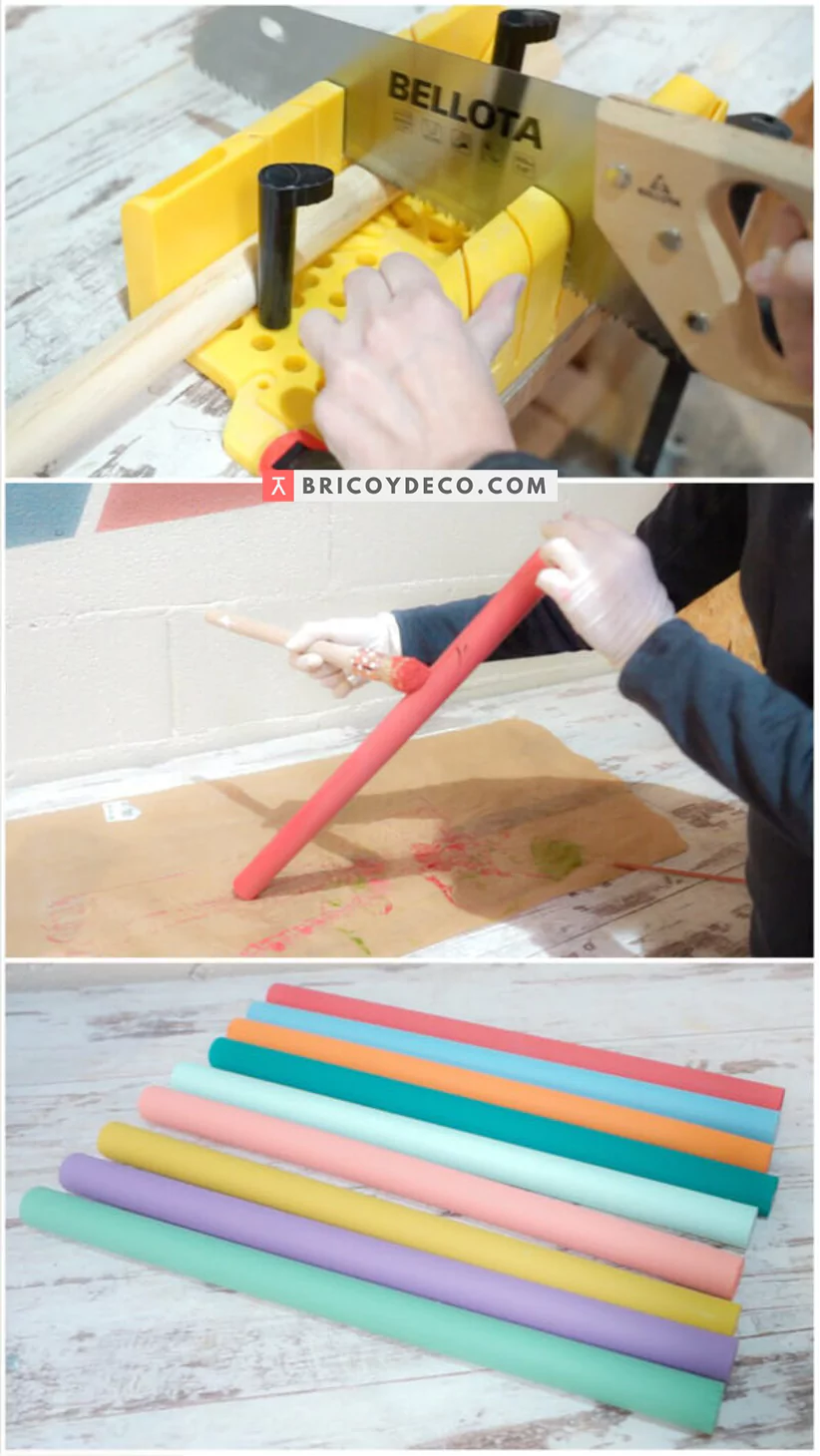 pintar las varillas de un balancín Montessori arcoiris