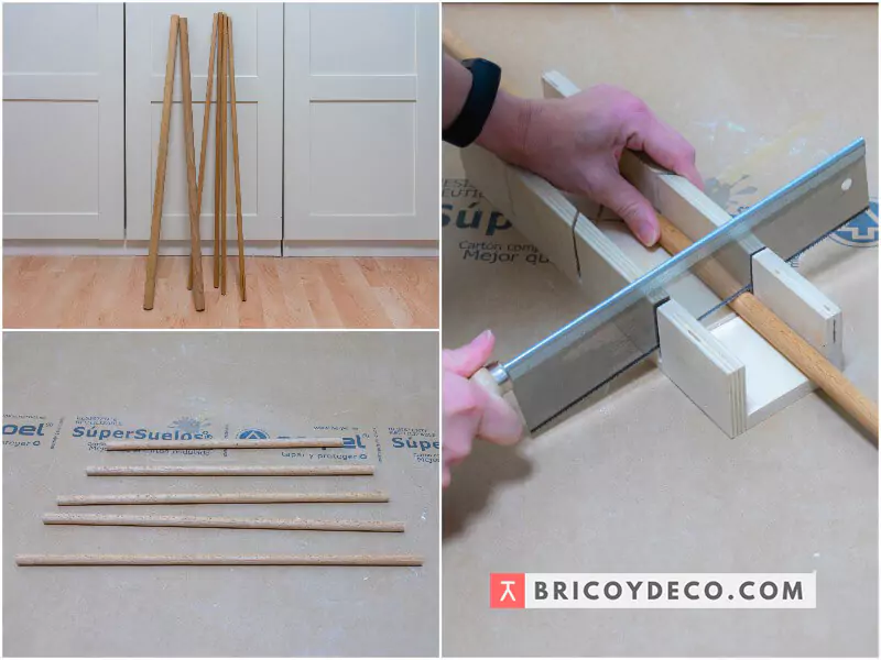 cortar las varillas de madera para hacer un calendario de adviento