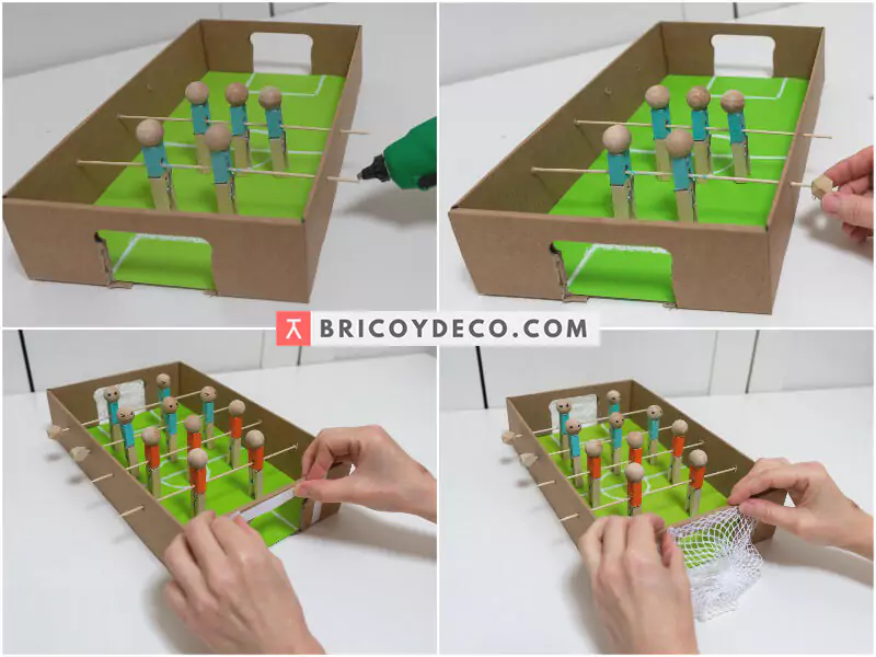 futbolín casero con una caja de cartón y pinzas para la ropa