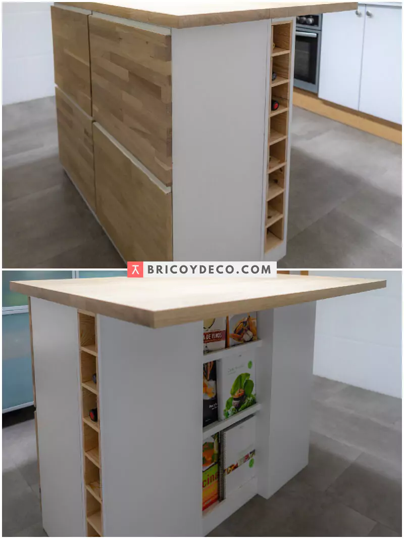 isla de cocina con botellero y estante para libros