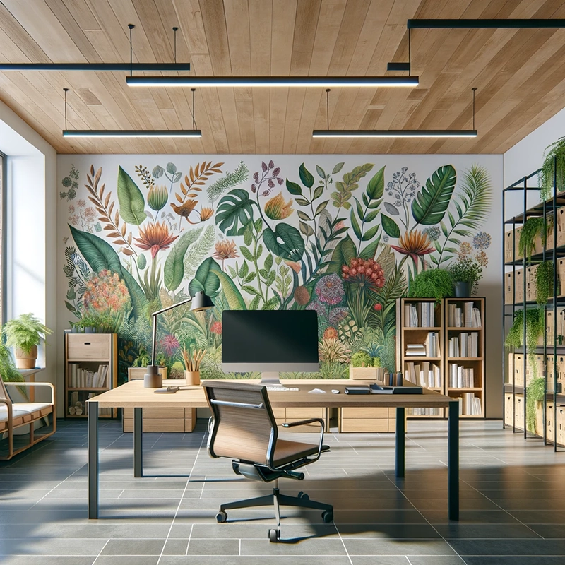 oficina con mural vegetal