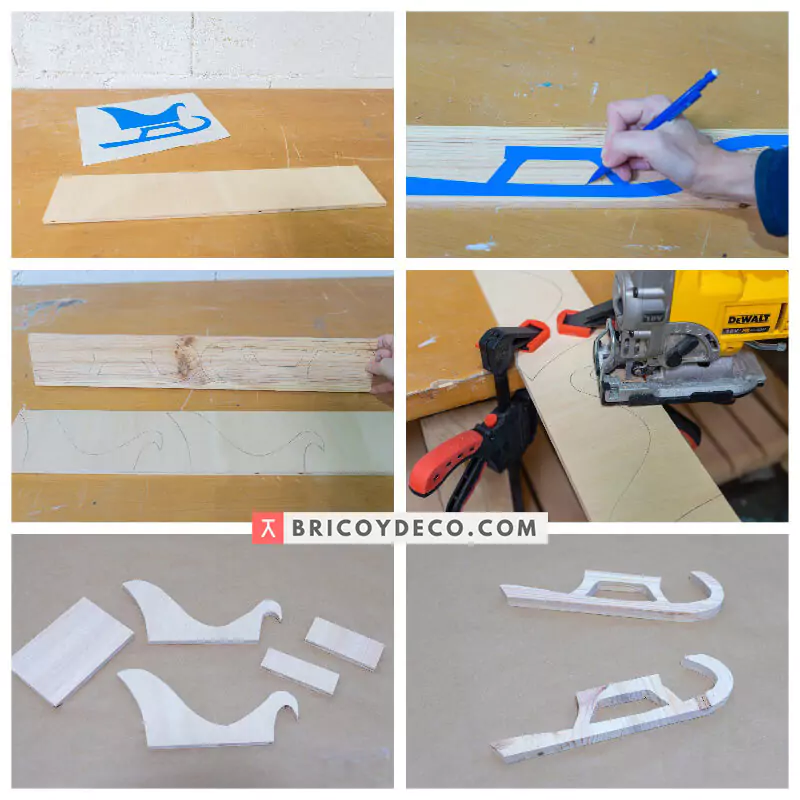 cortar las piezas de un trineo de madera 