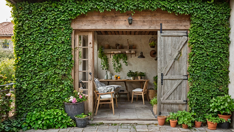 cobertizo con fachada de hiedra