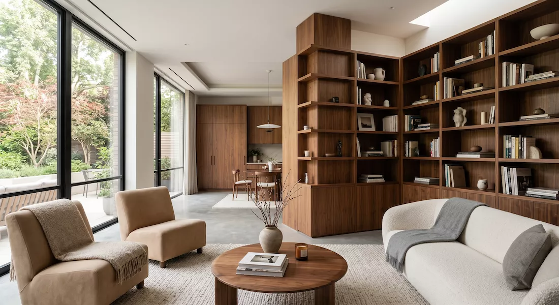 Librería de madera a medida que rodea un pilar estructural en salón moderno, ejemplo de carpintería industrial de madera en reforma residencial