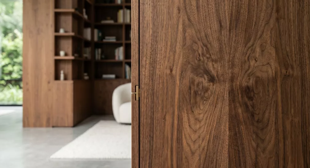 Detalle de textura de madera natural en panel a medida, material sostenible y renovable para proyectos de interiorismo y arquitectura