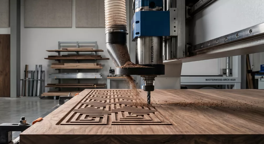 Máquina CNC realizando mecanizado de madera con precisión de décimas de milímetro en taller de carpintería industrial