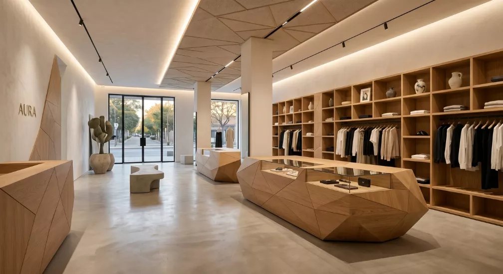 Interior de local comercial con mostradores y estanterías de madera a medida fabricados con carpintería industrial para proyectos de retail