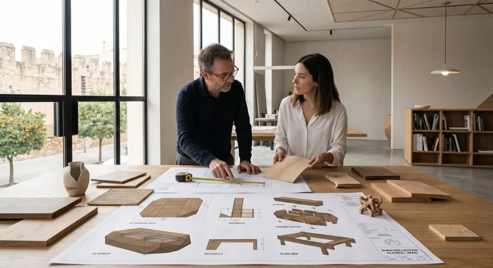Arquitecto e interiorista revisando planos y muestras de madera para proyecto de mobiliario a medida con mecanizado de madera