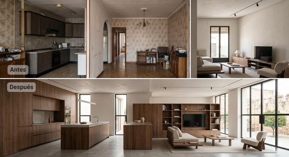 Reforma residencial con módulo de cocina y almacenaje de madera mecanizada a medida integrados en salón de vivienda particular